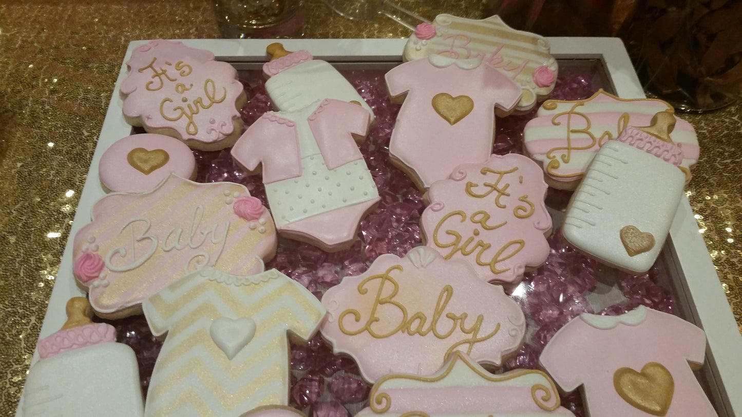Pink and gold baby shower cookies One Dozen (12) - Ladybug bake shop