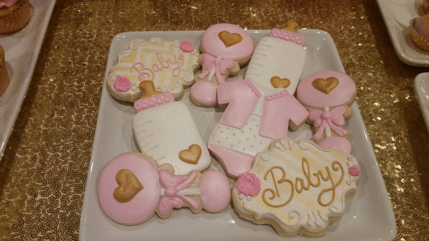 Pink and gold baby shower cookies One Dozen (12) - Ladybug bake shop